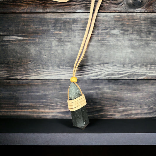 Black Tourmaline Point Necklace wrapped with leather