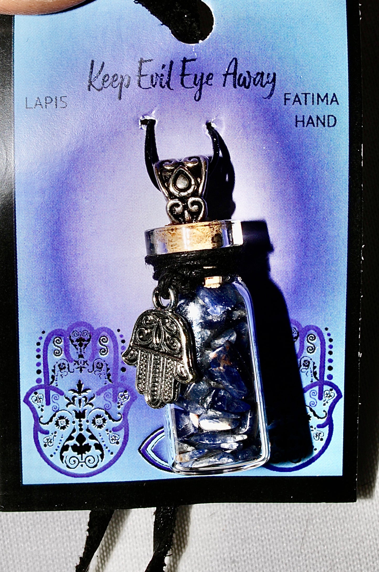 Lapis Chips in a bottle with Fatima Hand Necklace